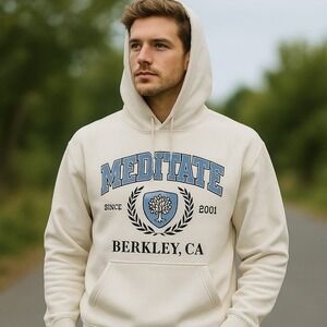 PacSun Meditate Hoodie Pullover Graphic Berkeley CA White Blue Mens Size‎ M